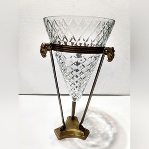Crystal cut conical vase brass ram head holder